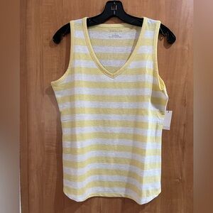 TALBOTS STRIPED LINEN BLEND V-NECK TANK SZ S YELLOW-WHITE NWT